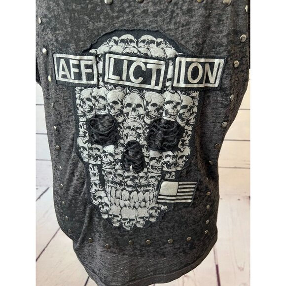 Affliction Skull Tee Shirt Small Burnout T-Shirt Studded Goth‎ Grunge Flag USA - Picture 7 of 7